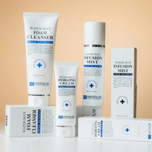 Elegant showcase of Water-Max skincare products including cleanser, cream, and mist on a white surface.